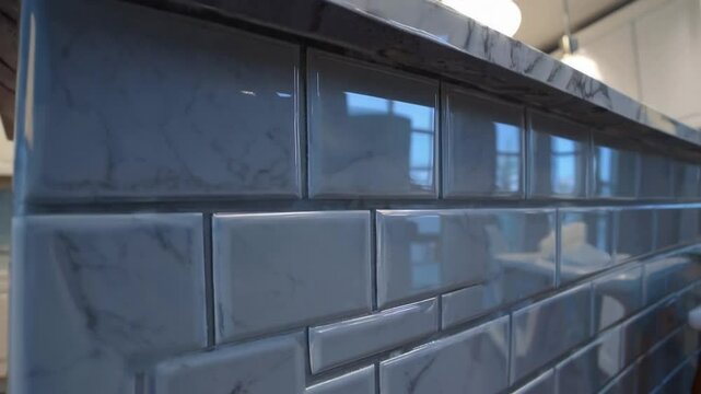 Glossy white subway tile backsplash with subtle gray veining, modern kitchen wall, marble countertop, white cabinets