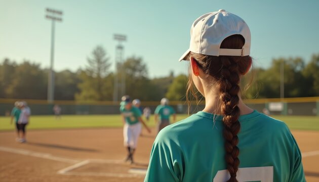 Softball player watches game from the field. Girl in team uniform stands on baseball stadium during competition. Young female athlete looks on game with concentration. Sports action.