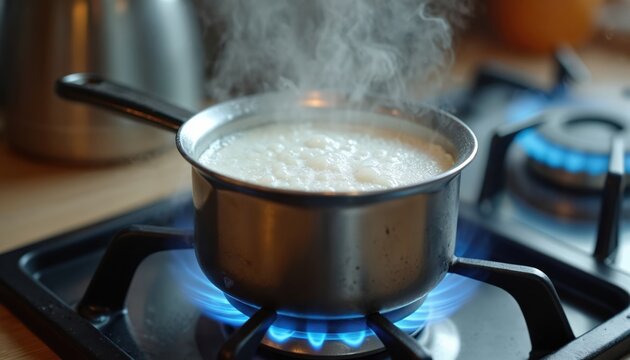 Close-up of boiling milk in a metal saucepan on a gas stove with blue flames. Milk is bubbling in the pan with steam. Cooking food. Preparing breakfast at home.