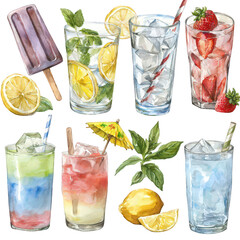Refreshing summer cocktails watercolor illustration with lemon strawberry mint ice cubes and popsicle perfect for summer drinks menu design or beverage on transparent background cold food
