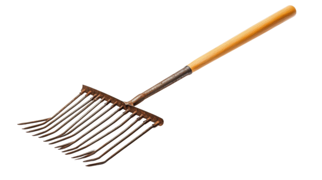Garden rake with wooden handle and metal teeth Transparent background, PNG file