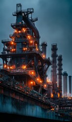 Industrial complex illuminated against a dark sky at twilight