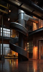 Unique spiral slide in an industrial interior with warm lighting