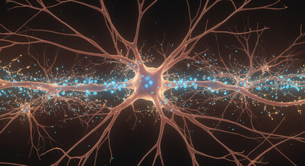 Detailed scientific illustration of a neuron with dendrites and synapses