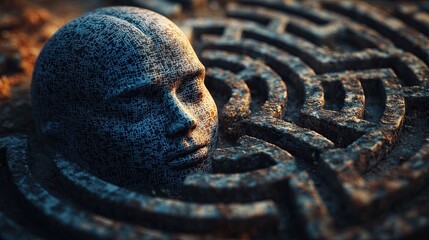 Maze Head Concept, Brain with Digital Labyrinth, Puzzle Representation of Cognitive Function
