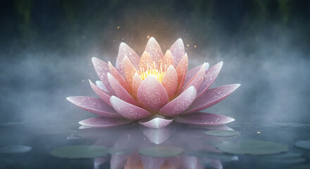 Pink Lotus Flower with Glowing Center in Misty Water