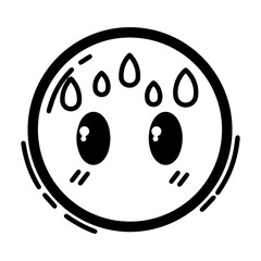 Outline style drawing of a circular emoji with wide, fearful eyes and several sweat droplets indicating nervousness or anxiety. Concepts related to emotion, nervousness, anxiety, fear, stress