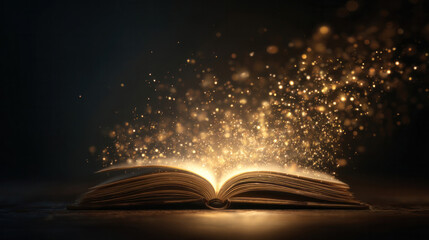 Open book glowing with radiant golden light in dark room, magical sparkles rising from pages, symbol of knowledge and enlightenment