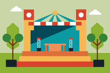 Cartoon vector illustration of a city landscape with houses, trees, and sky, depicting a vibrant town