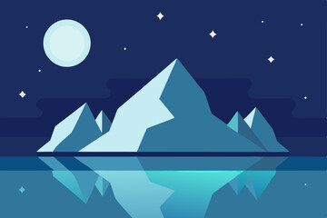 Winter night landscape vector illustration with a boat on the sea and moonlit sky