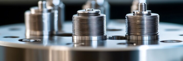 Macro of stainless-steel valve gear with precision threads and clean reflections
