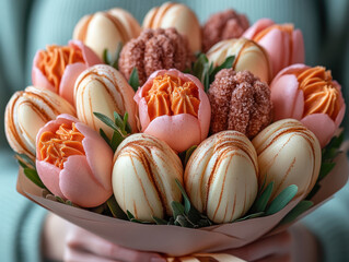 Bouquet of beautifully crafted chocolate eggs and flowers, featuring pastel colors and intricate designs, is held gently. arrangement exudes elegance and creativity, perfect for gifting