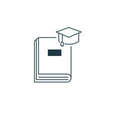 Cover view of open book with graduation hat. linear education concept