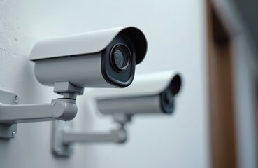 Fototapeta na wymiar CCTV security cameras mounted on office building wall. Video surveillance system provides home, business safety from thieves. Modern tech to protect privacy, property.