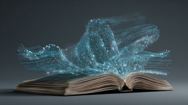 Open book with pages flowing upward as digital code and neural network strands, blending analog education with virtual intelligence