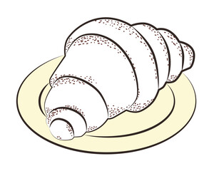 Croissant vector illustration depicted on a plate in a minimal style. The simple design highlights the classic shape and texture of the pastry, ideal for culinary and bakery themes.
