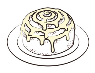 Vector illustration of a cinnamon roll topped with creamy icing, presented on a plate. This detailed illustration captures the classic swirl and textures of this popular baked treat.