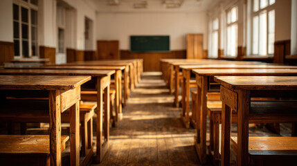 Peaceful empty classroom with symmetrical rows of wooden desks, soft sunlight creating gentle shadows, traditional learning environment