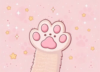 Cute kawaii cartoon soft cat paw vector illustration on pastel pink background with sparkles. Fluffy cat paw. Hand drawn doodle illustration template