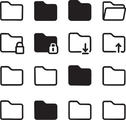 A set of 15 black and white vector folder icons in different types (empty, full, with lock, with download arrow, with upload arrow), isolated on white background, minimal style.