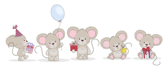 Adorable mice celebrate a birthday while holding presents and a balloon. Each mouse displays unique items with expressions of joy and excitement in an adorable vector illustration.