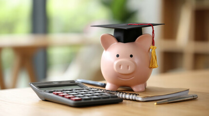 Piggy bank wearing graduation cap next to calculator and notepad, modern desk setting, planning for tuition and scholarships theme
