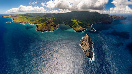 magnificent aerial view of the island of UA HUKA in the Marquesas archipelago in French Polynesia