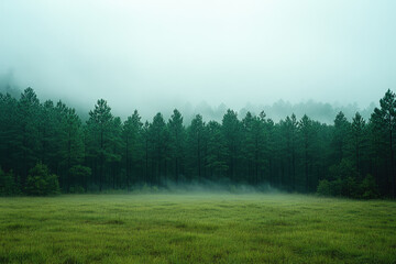 Fototapeta premium The Serene Transition from Forest Pines to Open Field in Fog