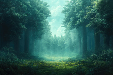 Obraz premium Misty Forest Surrounding an Expansive Grassy Field Under Fog