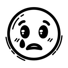 Outline style drawing of a circular emoji with a sad, downturned mouth, and a single tear falling from one eye, conveying sadness or disappointment. Represents crying, sadness, feelings of dejection