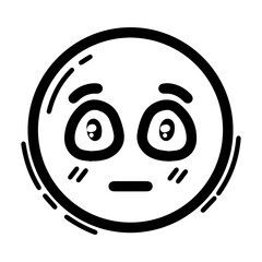 Outline style drawing of a circular emoji with wide eyes and flat line for a mouth, along with two small cheek blushes, conveying embarrassment or awkwardness. Concepts related to shyness, discomfort