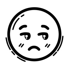 Outline style drawing of a circular emoji with eyes looking to the side and a slightly curved mouth, conveying skepticism or judgment. Representation of a side eye, concepts related to emotion