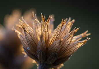 Close up of an autumn seed head covered in tiny ice crystals, backlit by golden sunlight portraying winter or fall concept