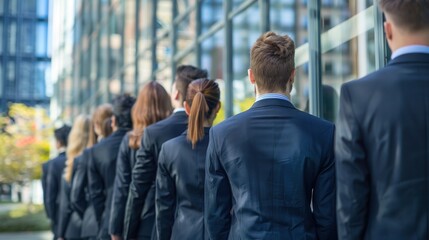 Business queue concept of people waiting in suits before corporate meeting
