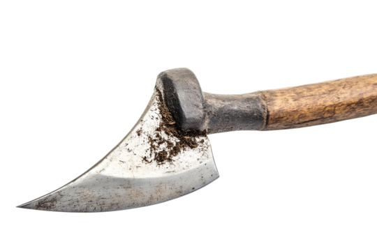 Iron sickle with smooth wooden handle