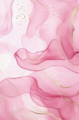 Elegant pink and gold abstract art with flowing, translucent waves and delicate speckles creates sense of movement and luxury. soft, swirling patterns evoke dreamy, ethereal atmosphere