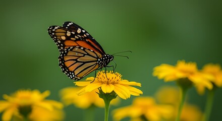 Obraz premium Striking Monarch Butterfly Resting on Bright Yellow Flower in Garden