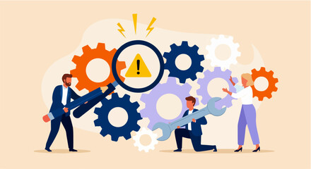 Team Diagnosing and Repairing Gears with Warning Symbol – Conceptual Illustration of Problem Solving