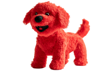 Bright red dog toy with smile