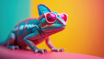 Colorful chameleon wearing pink sunglasses on vibrant multi-colored background. Funny reptile lizard. Perfect for design, art projects, print, advertising, fashion, kids, animal, pet tech concepts.