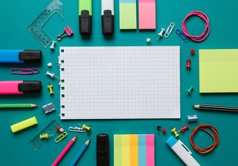 Blank Grid Notebook Surrounded by Colorful School Supplies Back to School Organization
