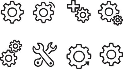 A set of 10 black and white vector settings gear icons in various styles (single gear, multiple gears, with wrench, rotating gear), minimal and clean, isolated on white background.