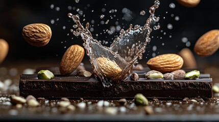 Dark chocolate bar with almonds and water splash