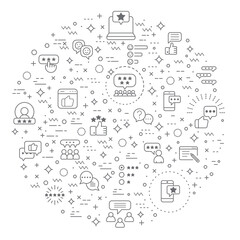 Simple Set of Review And feedback Related Vector Line Illustration. Contains such Icons as customer, rating, star rating, chat, testimonials, survey, support, communication, sign And Other Elements.