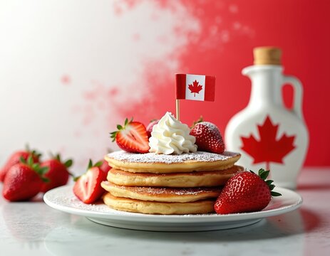 Stack of pancakes with strawberries, whipped cream, maple syrup bottle with maple leaf, Canada flag. Celebrating Canada Day with dessert for breakfast. Fresh food for patriotic celebration.
