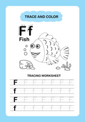 Illustration Isolated Animal Alphabet Trace and color Letter F-Fish