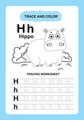 Illustration Isolated Animal Alphabet Trace and color Letter H-Hippo