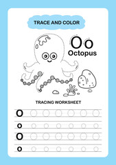 Illustration Isolated Animal Alphabet Trace and color Letter O-octopus