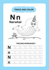Illustration Isolated Animal Alphabet Trace and color Letter N-Narwhal