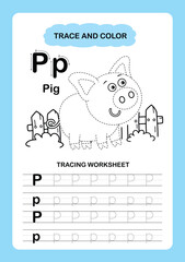 Illustration Isolated Animal Alphabet Trace and color Letter P-Pig